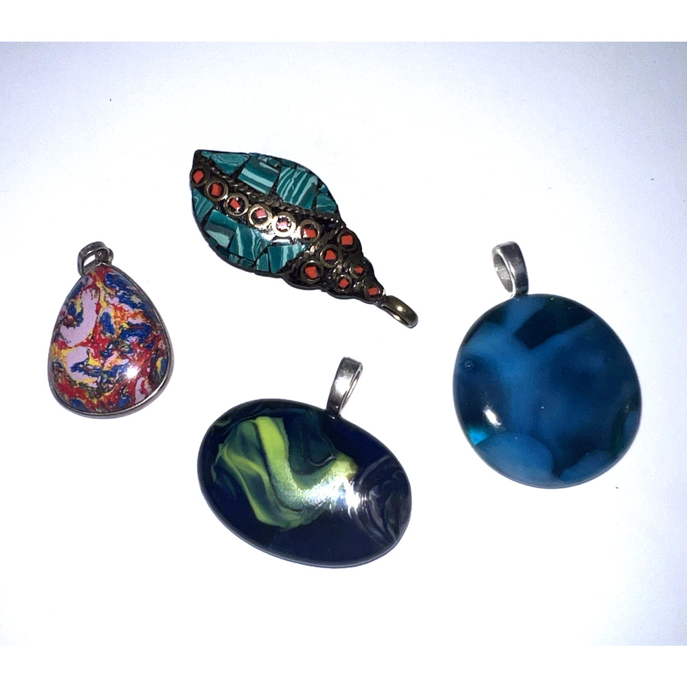 Super Lot of 4 Multi-colored Pendants Glass Silver Brass Inlaid